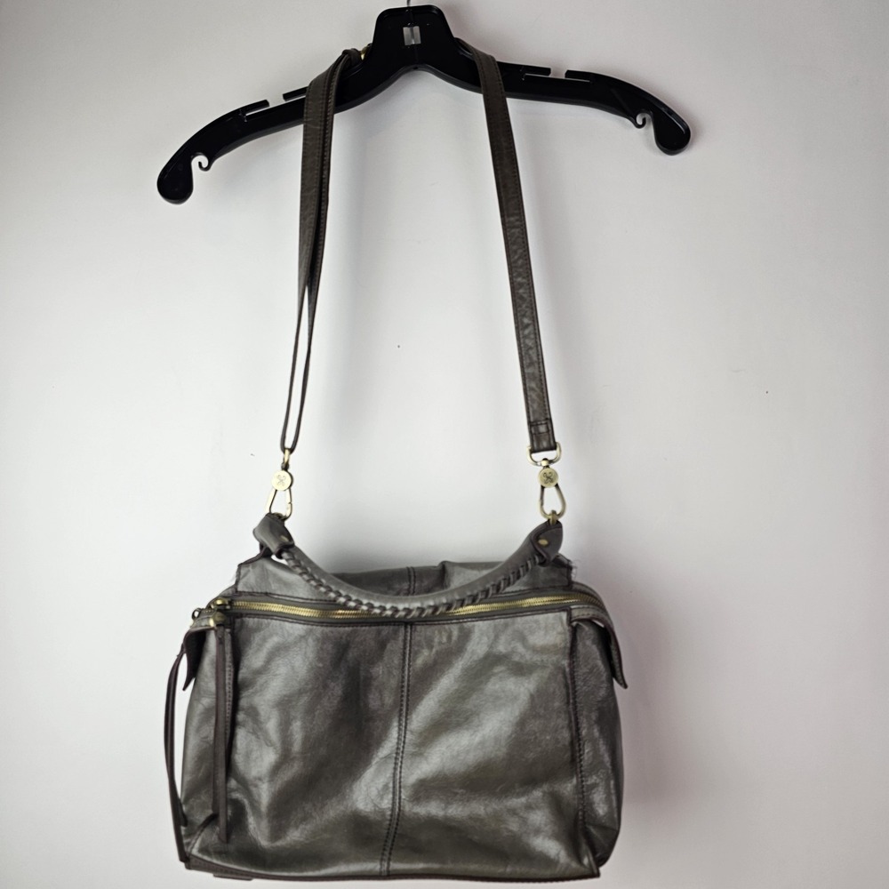 HOBO International Crossbody Bag Purse Braided Leather Strap Bohemian Gray Zip